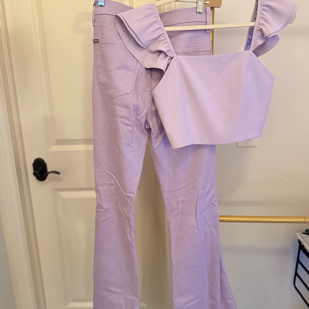 Alice + Olivia Purple Flare Pants & Matching lavender crop top with ruffle strap